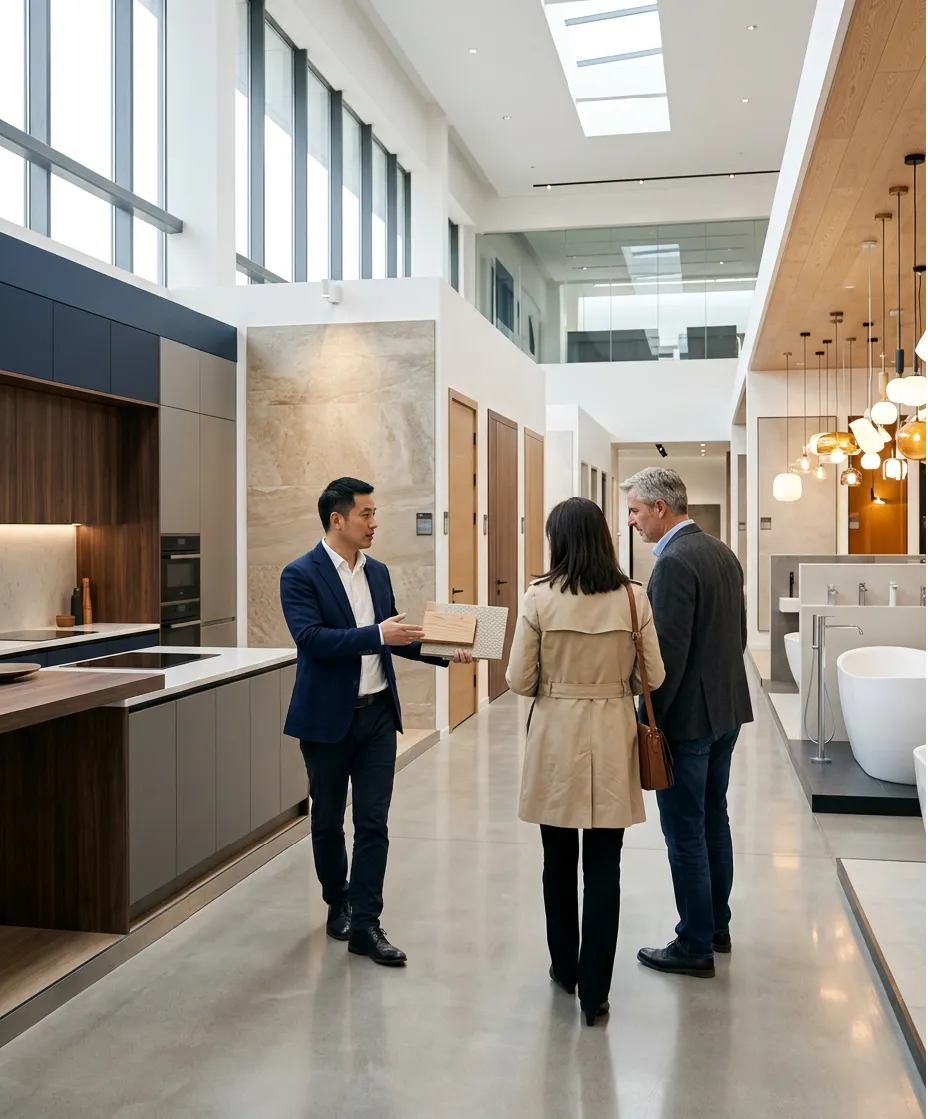 S-FUTURE project manager presenting material samples to clients in the showroom