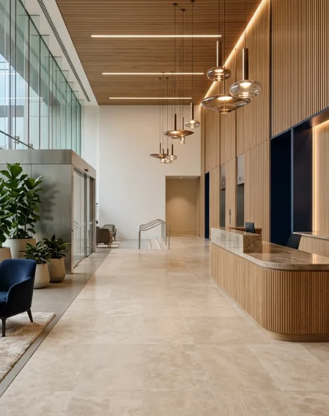 Commercial building lobby with oak slat wall, reception desk and stone floor