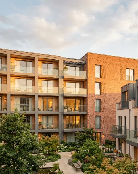 Large residential development of brick apartment buildings around a garden courtyard