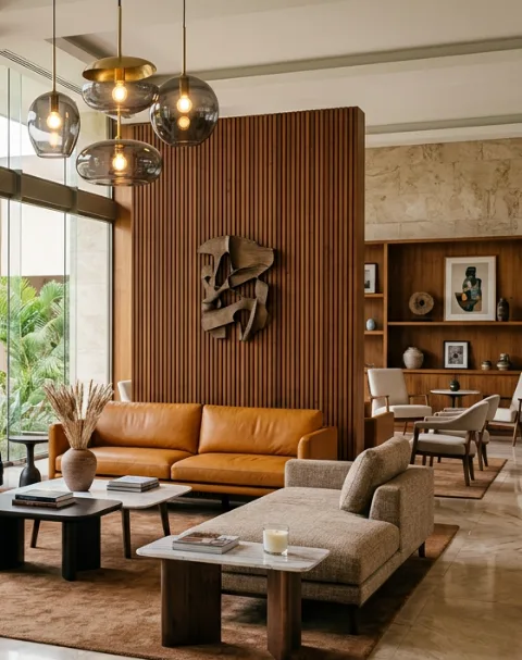 Hotel lobby lounge with timber slat wall, leather sofa and glass pendant lights
