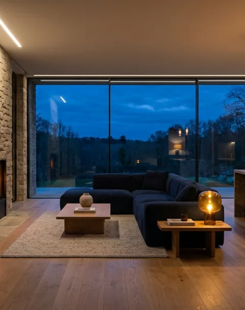 Renovated living room with a stone fireplace wall, oak floor and garden windows