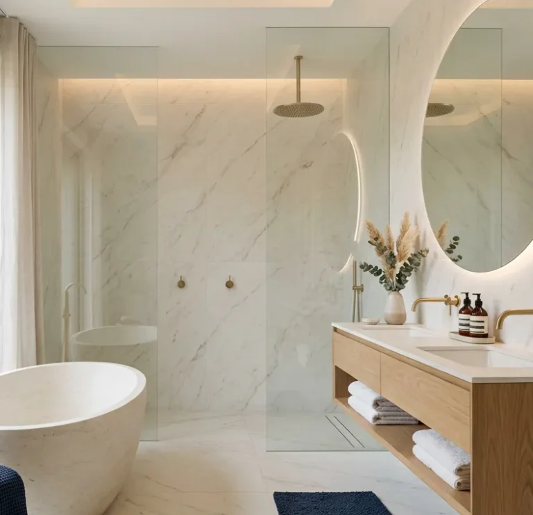 Marble-look porcelain bathroom with walk-in shower, stone bathtub and oak vanity