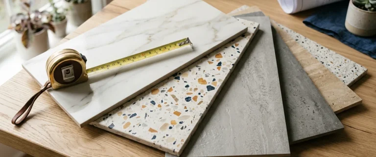 Porcelain, terrazzo and ceramic tile samples fanned out with a tape measure on an oak table