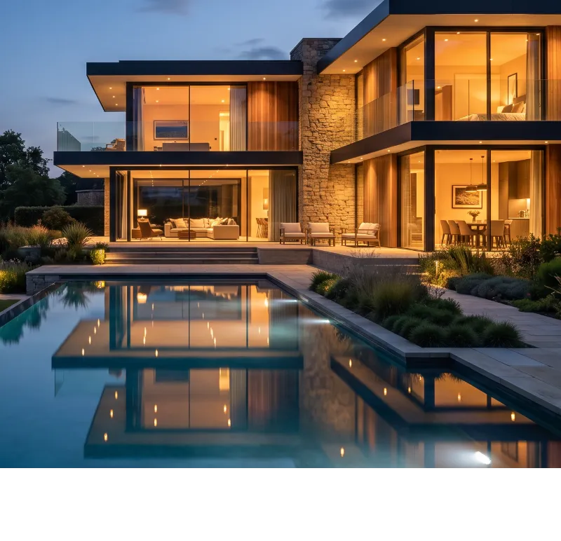 Modern villa at dusk with a stone-paved terrace around the swimming pool