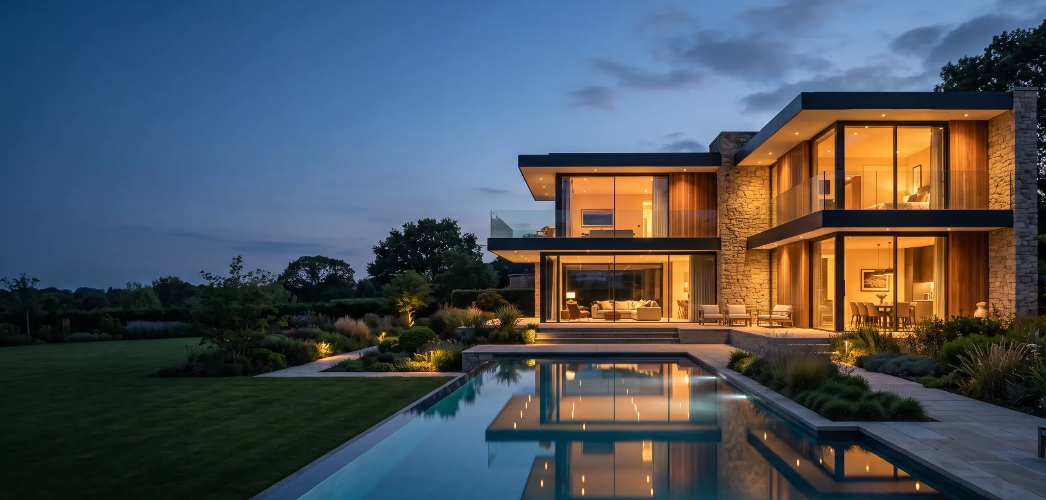 Modern stone and glass villa with a reflecting pool at dusk, finished with materials supplied by S-FUTURE