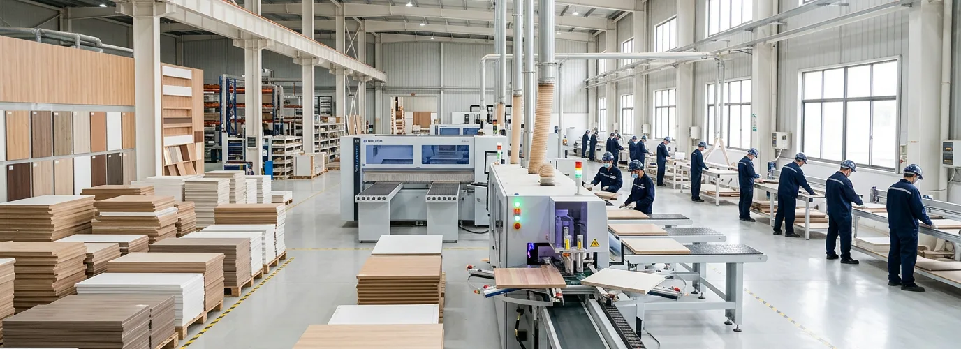 Custom cabinet production line with workers in navy uniforms in a modern factory
