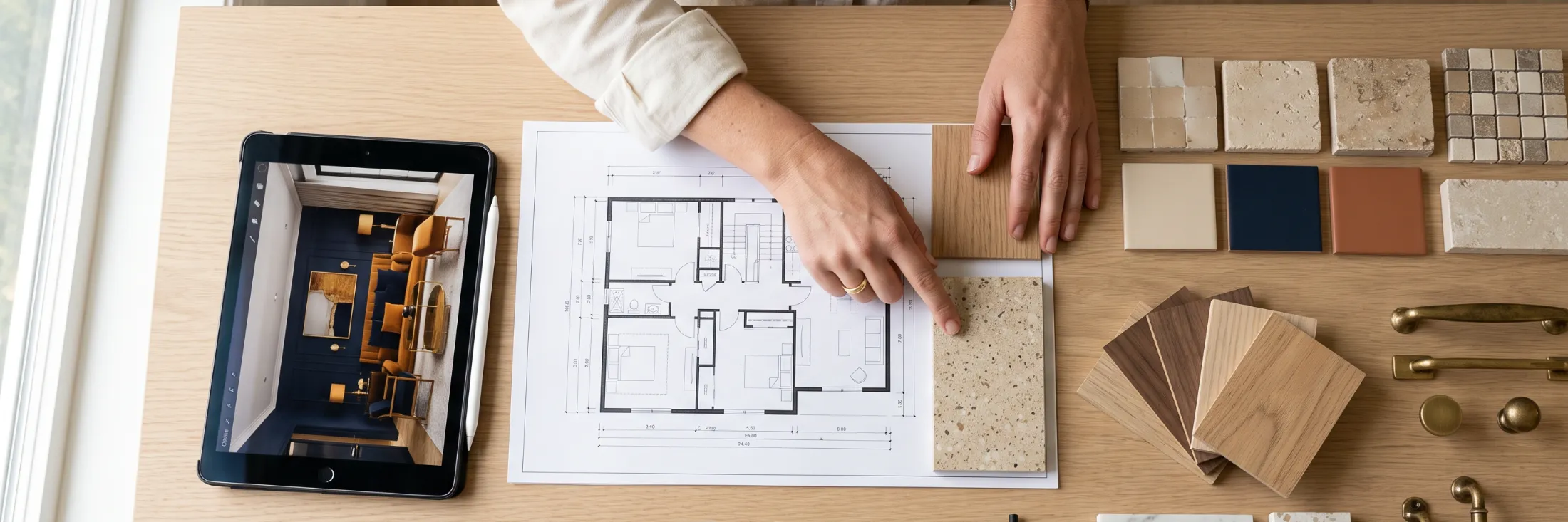 Floor plan, tile samples, wood veneers and brass handles laid out on an oak table for material selection