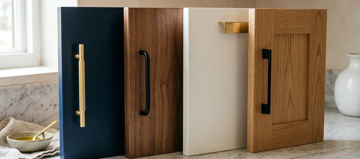 Navy, walnut, white and oak cabinet door samples with brass and black handles on a marble worktop