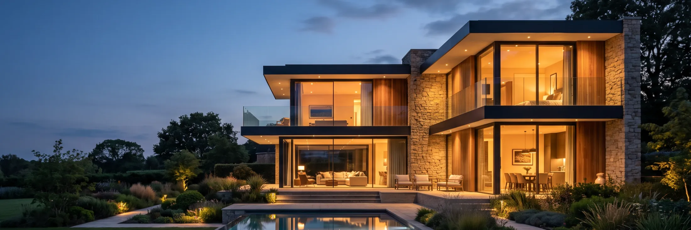 Contemporary private villa at dusk with stone walls, oak cladding, large glass sliding doors and a reflecting pool