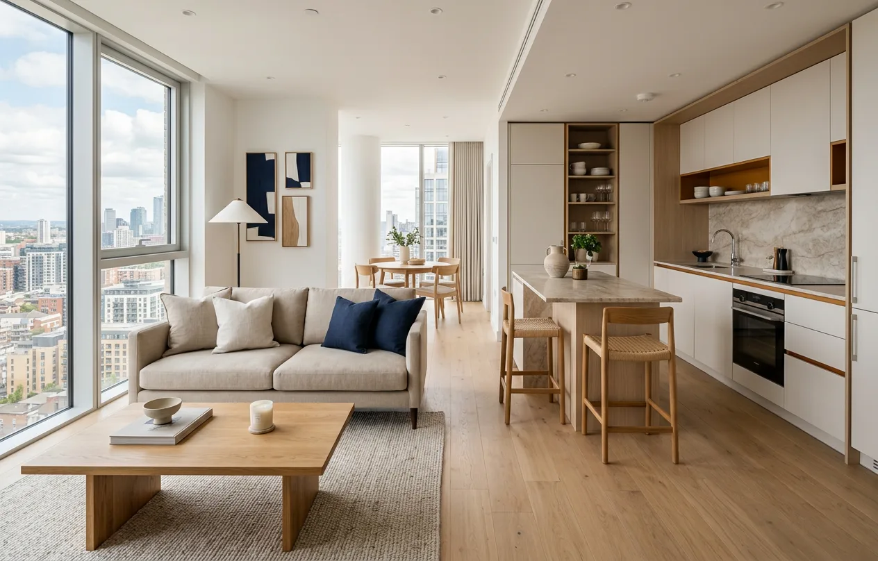 Open-plan apartment with white and oak kitchen cabinets, marble splashback and island seating