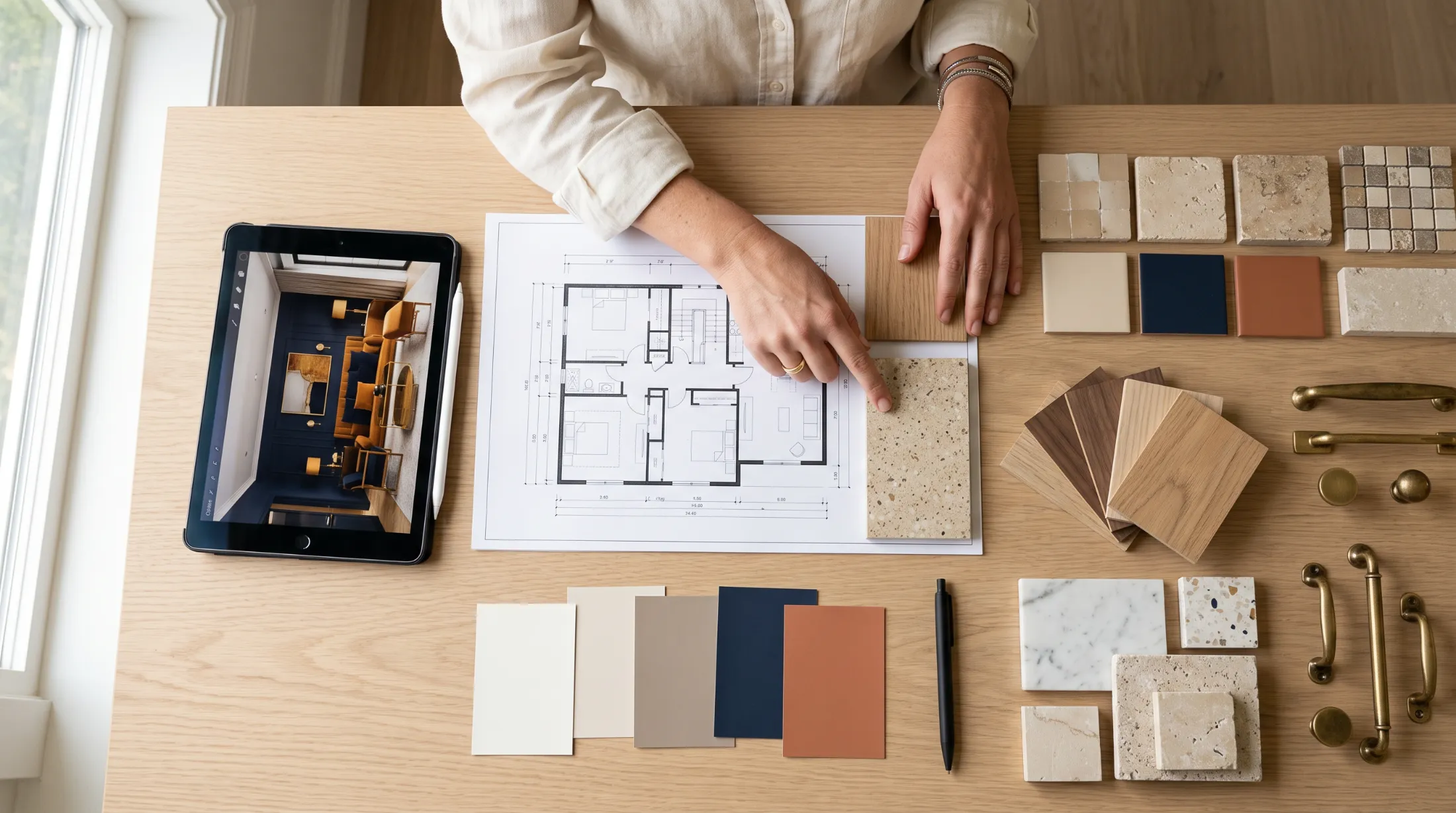 Project manager selecting tile, timber and hardware samples on a villa floor plan