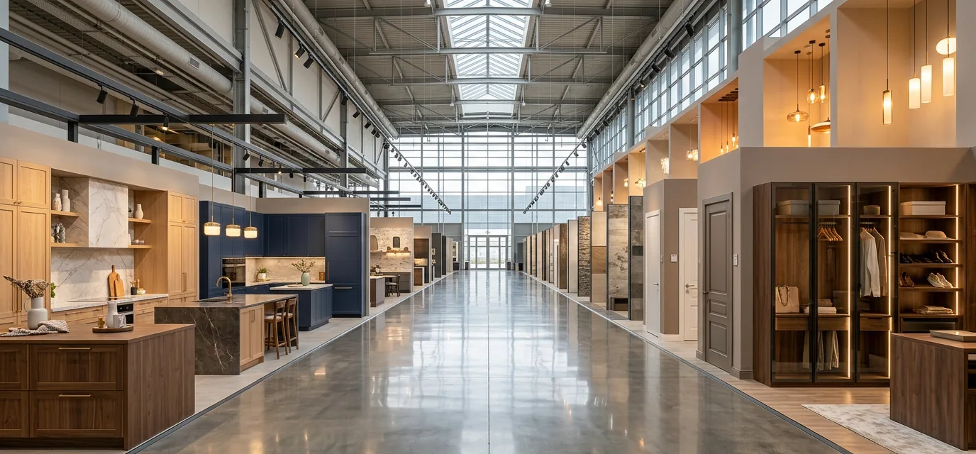 S-FUTURE showroom hall with kitchen, wardrobe, door and stone displays