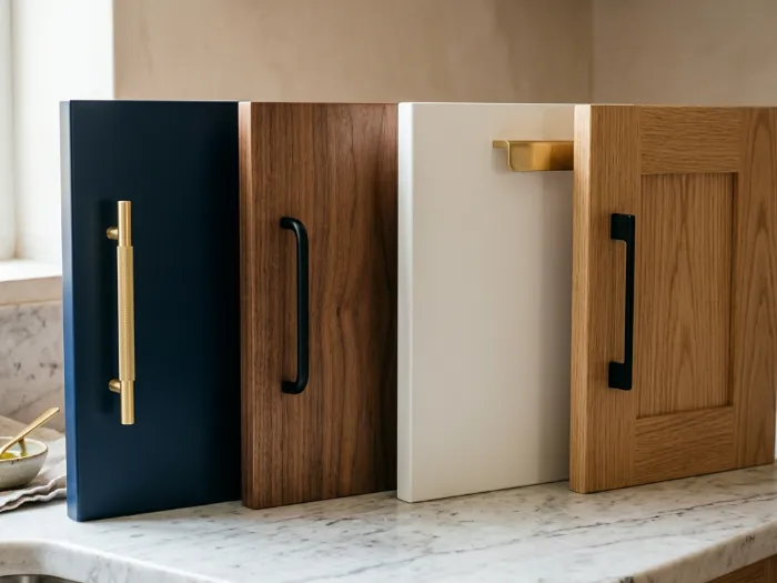 Kitchen cabinet door samples in navy lacquer, walnut veneer, white and oak