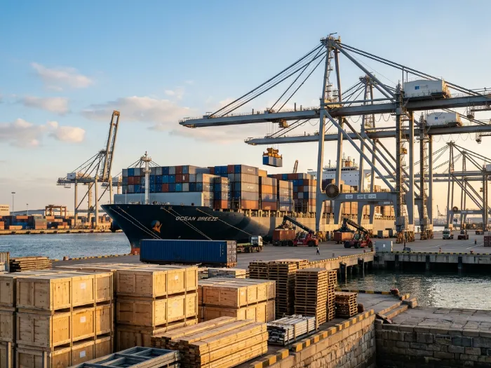 Container port with export crates of building materials ready for shipping