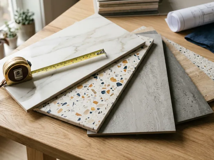 Porcelain and terrazzo tile samples with a tape measure on an oak table