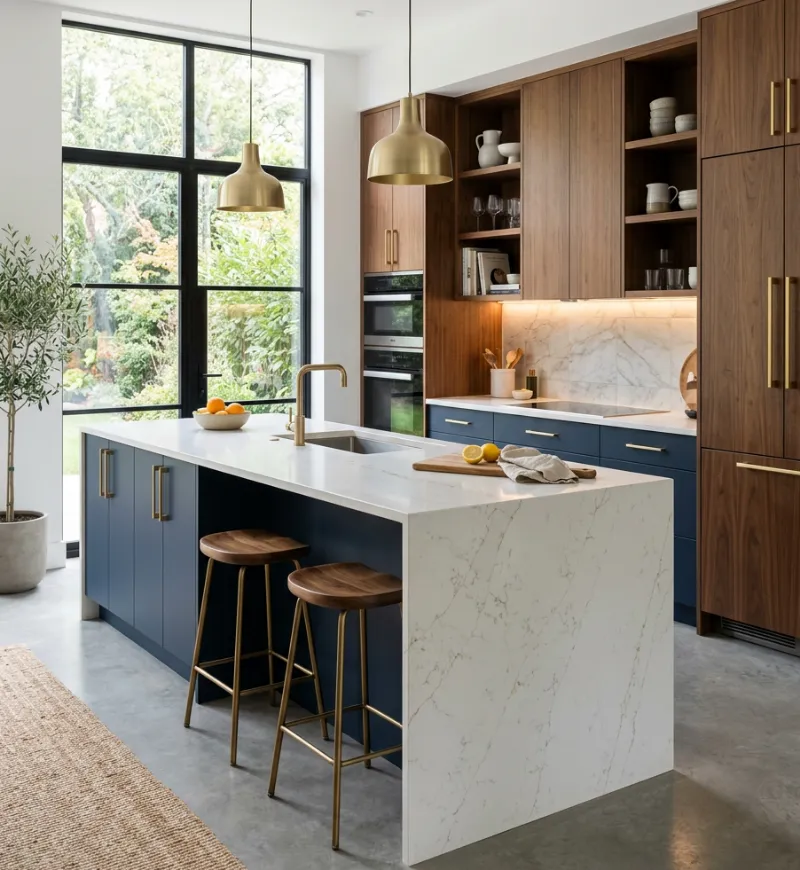 Walnut and navy kitchen cabinets with a marble island and brass pendant lights