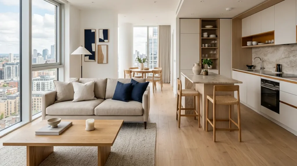 Apartment interior in Accra, Ghana, with open-plan kitchen, oak floor and white cabinetry