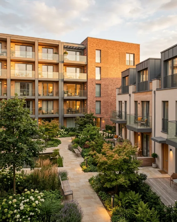 Apartment development in Accra around a landscaped courtyard