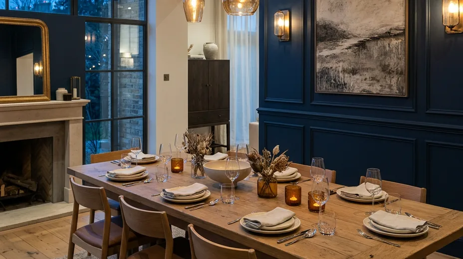 Fine-dining restaurant with navy panelled walls, brass pendant lights and oak dining tables