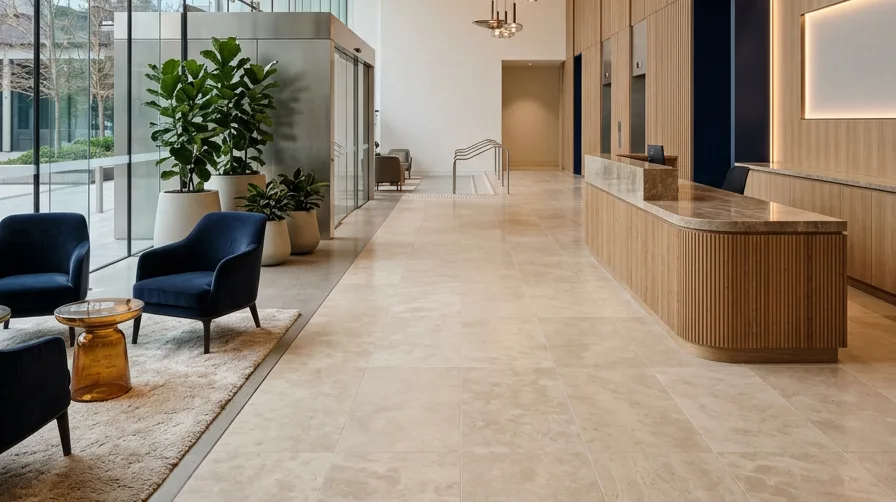 Office headquarters reception with oak wall panelling, stone-look porcelain floor and glass facade