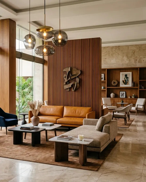 Boutique hotel lobby in Nairobi with timber feature wall and leather sofas