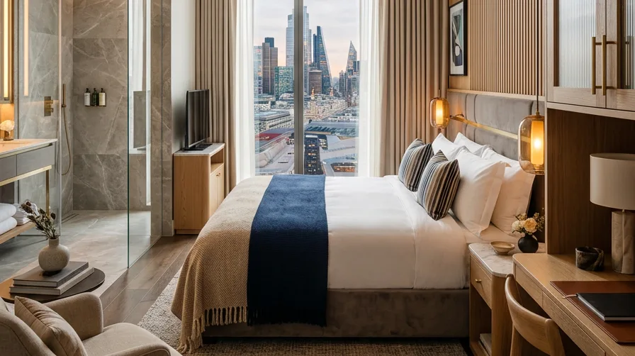 Hotel guest room with timber wardrobes, marble bathroom and city view