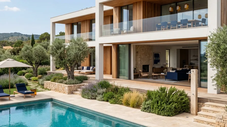 Modern poolside villa in Lagos, Nigeria, with large glass sliding doors and stone terrace