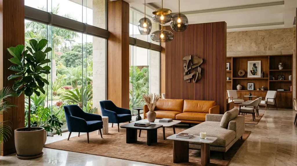 Boutique hotel lobby in Nairobi, Kenya, with timber wall features, stone floor and navy lounge chairs