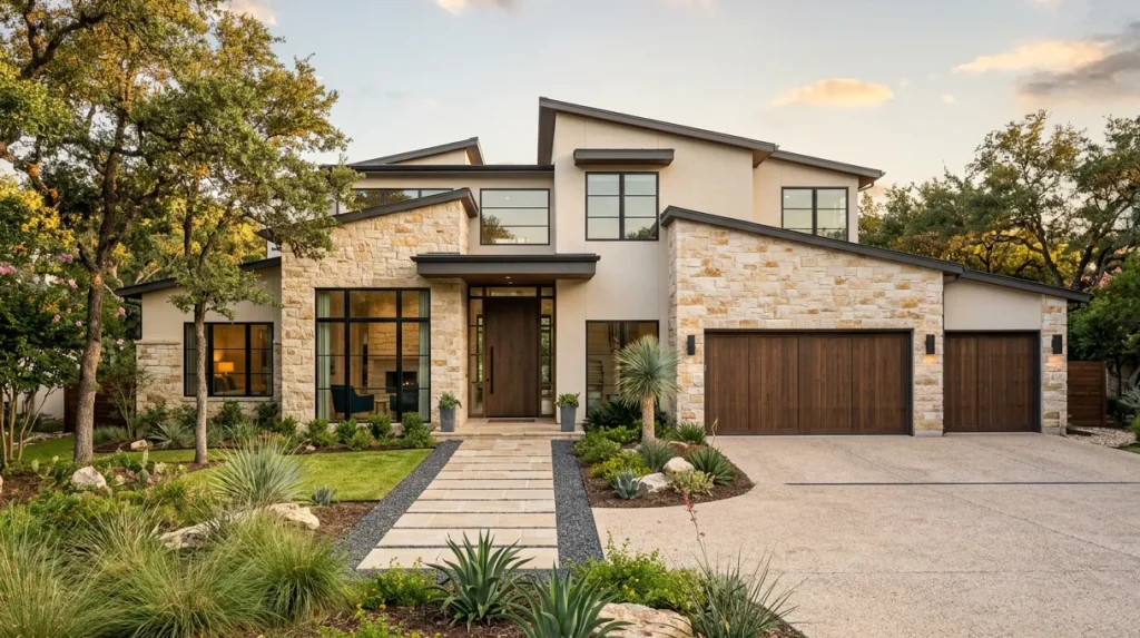 Contemporary family residence in Texas, USA, with stone facade, timber garage doors and black-framed windows