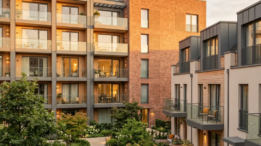 Residential apartment development in Toronto, Canada, with brick facades and landscaped courtyard