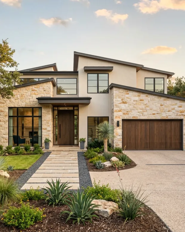 Contemporary family residence in Texas with stone facade and timber garage doors