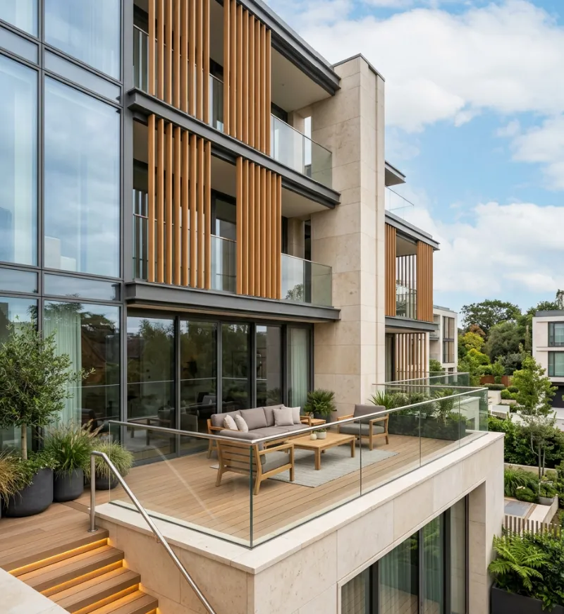 Apartment facade with timber louvres, stone cladding and glass balconies