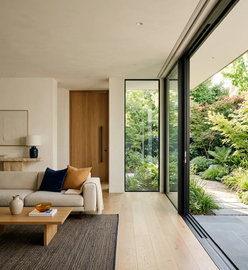 Oak interior door and black aluminium sliding windows opening onto a garden