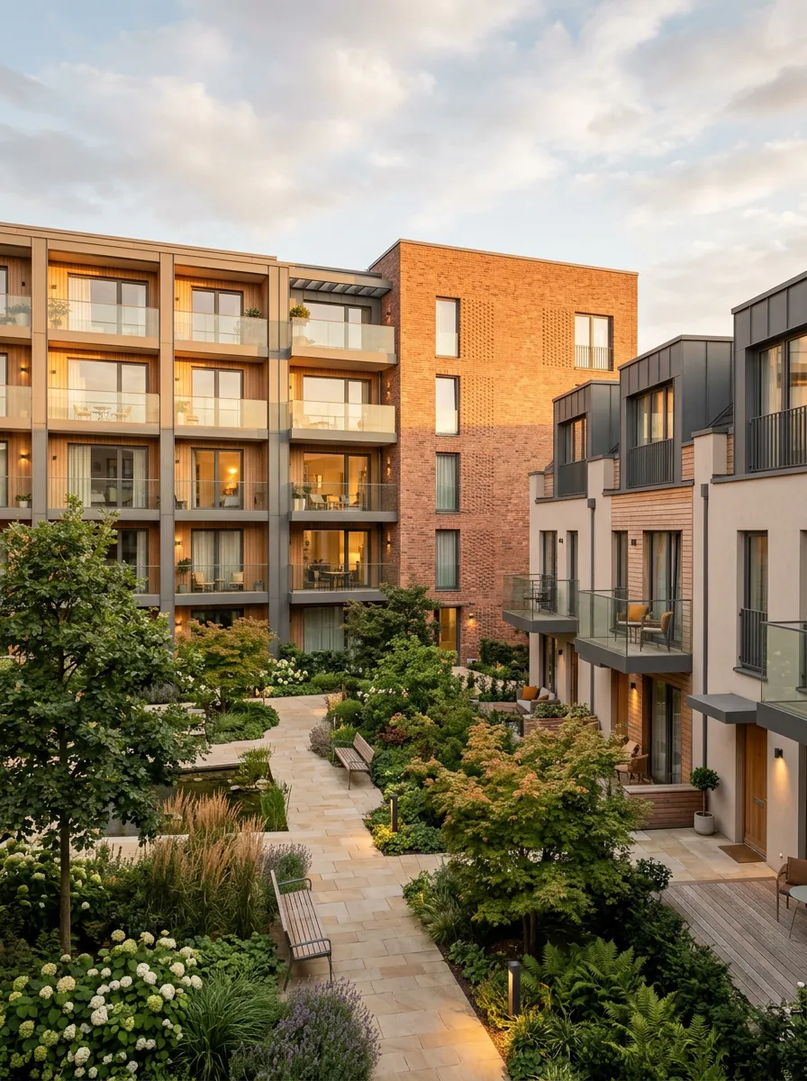 Apartment and townhouse development around a landscaped courtyard