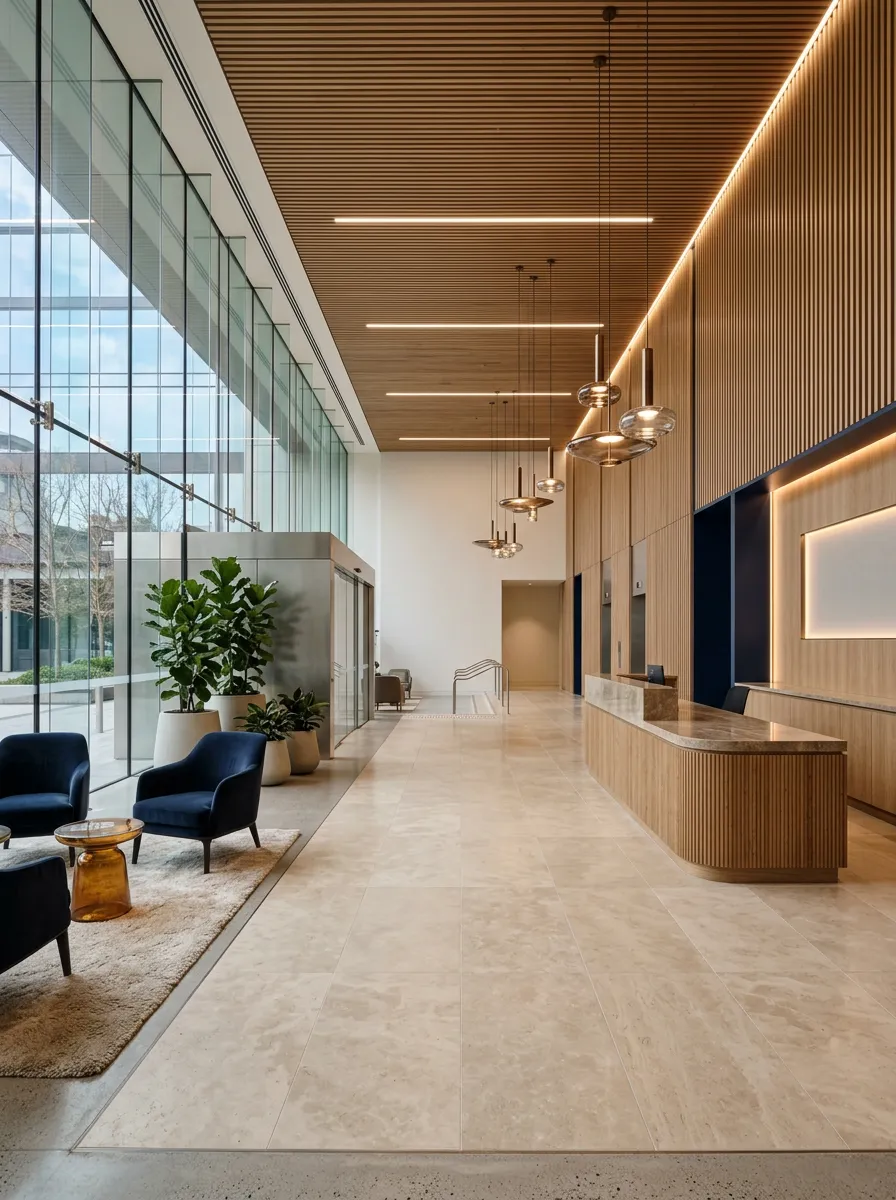 Commercial building lobby with timber slat ceiling, stone floor and reception desk