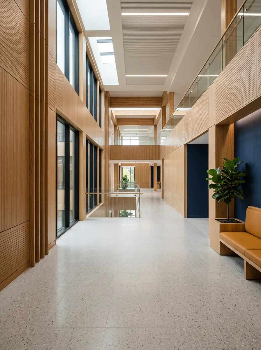 Bright school and healthcare building atrium with timber panels and terrazzo floor