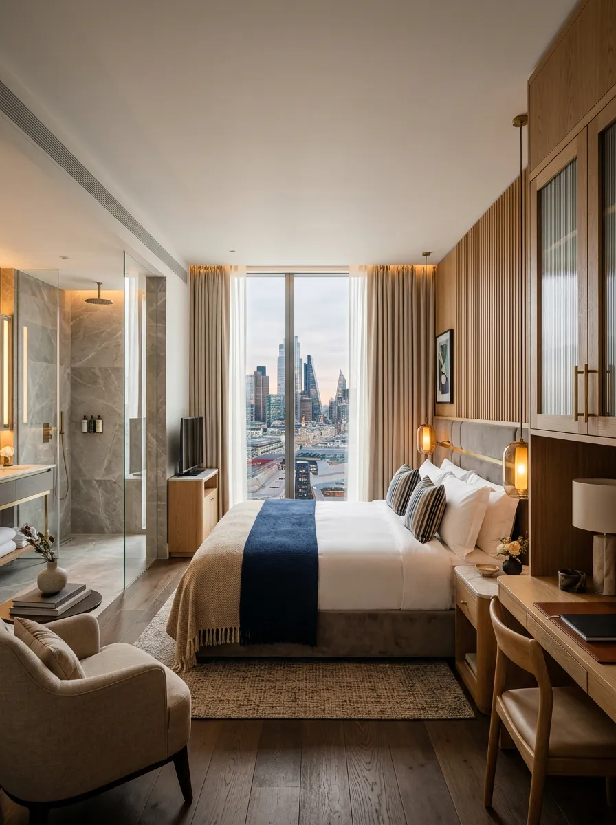 Hotel guest room with oak joinery, city view window and navy bed runner