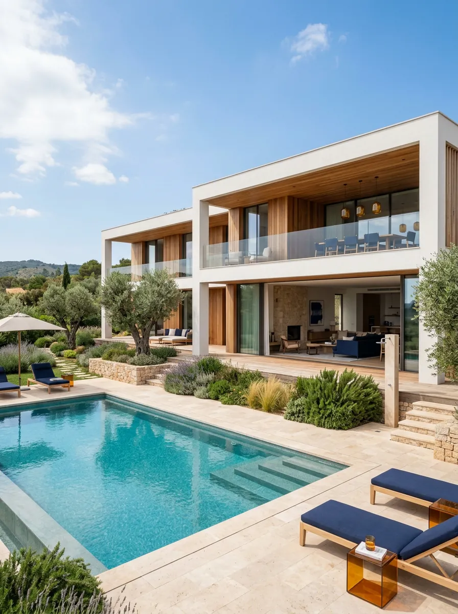 Modern private villa with timber cladding, glass balconies and a pool terrace