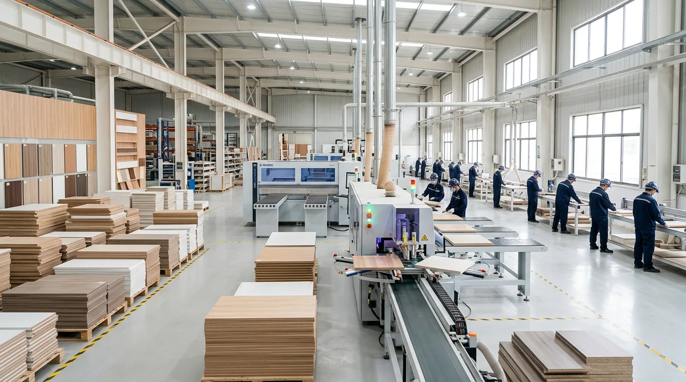 Cabinet panel production line with edge-banding machines and workers in navy uniforms