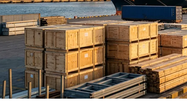 Wooden export crates ready for loading at the port