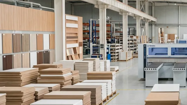Stacks of finished cabinet panels and a finish sample wall in the factory