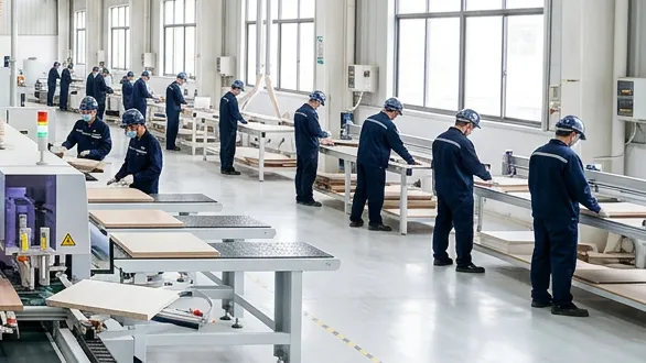 Workers checking panels at inspection stations