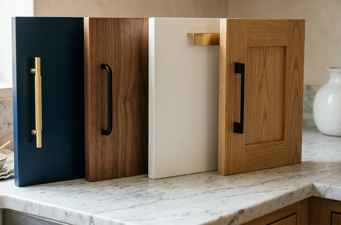 Cabinet door samples in navy lacquer, walnut veneer, white matt and oak shaker with brass and black handles