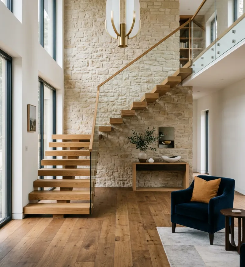 Floating oak staircase against a natural stone wall with wood flooring