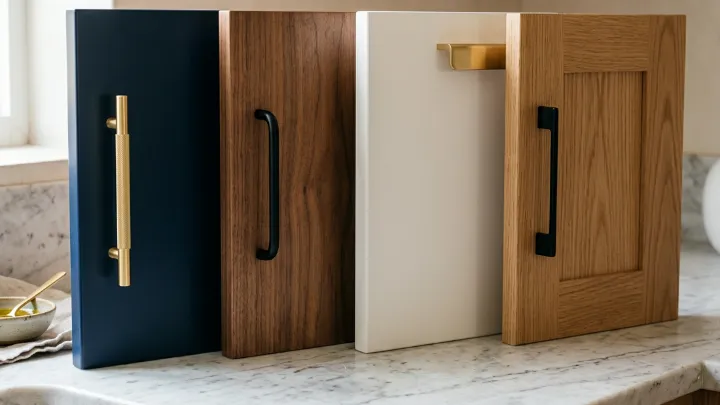 Cabinet door samples in navy lacquer, walnut veneer, white and oak