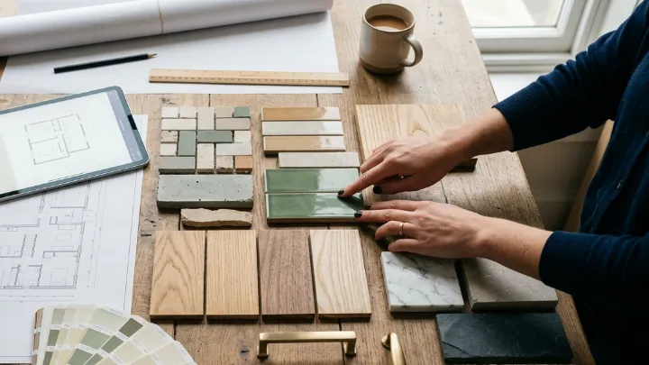 Designer comparing tile, timber and stone samples next to a floor plan
