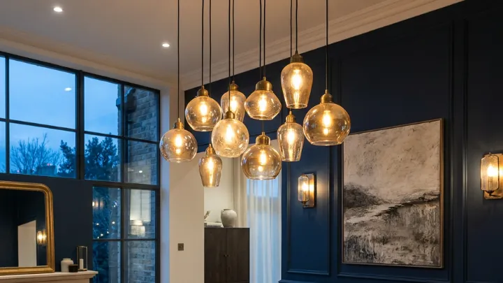 Brass and amber glass pendant cluster over a dining table