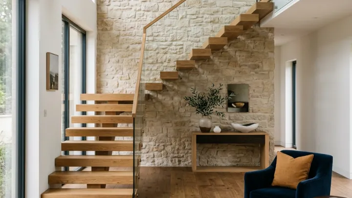 Floating oak staircase against a natural stone wall