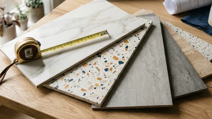 Porcelain, terrazzo and stone tile samples with a tape measure