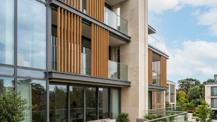 Residential facade with large aluminium windows and glass balconies